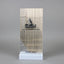 Morinville Grain Elevator wood cut into Alberta shaped placed on a metal base with clear acrylic front.