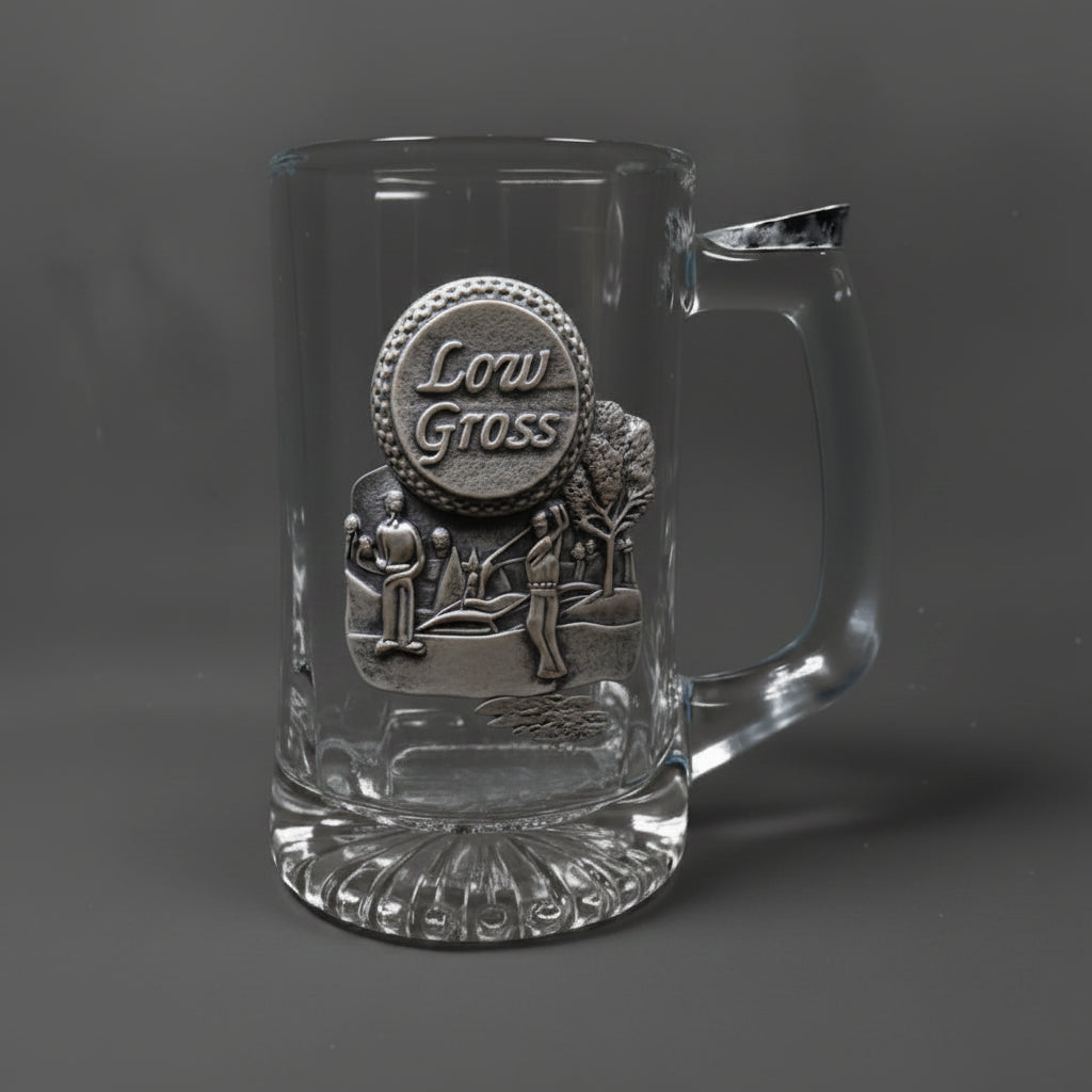 Cups - Pewter Crest, Low Gross, Glass Stein