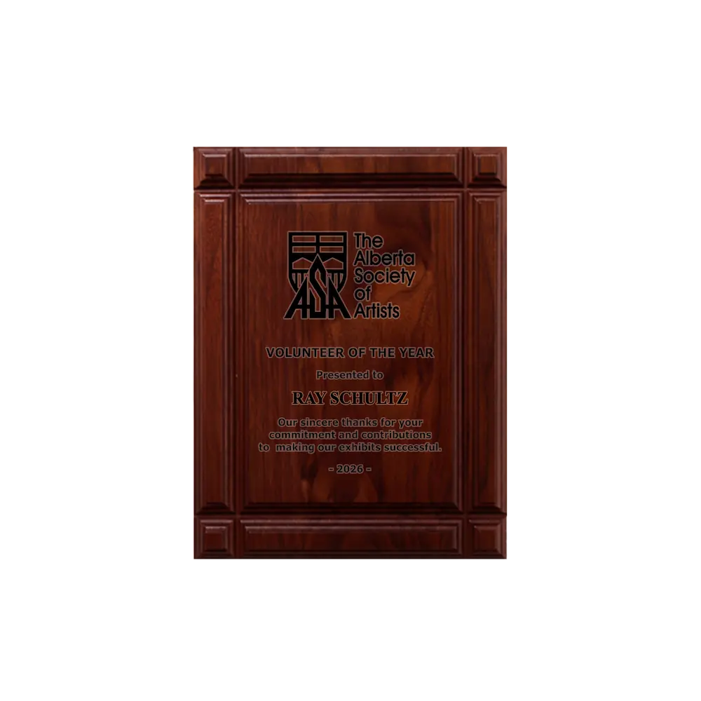 A photo of a solid wood Deep Groove Walnut plaque with full laser engraving.