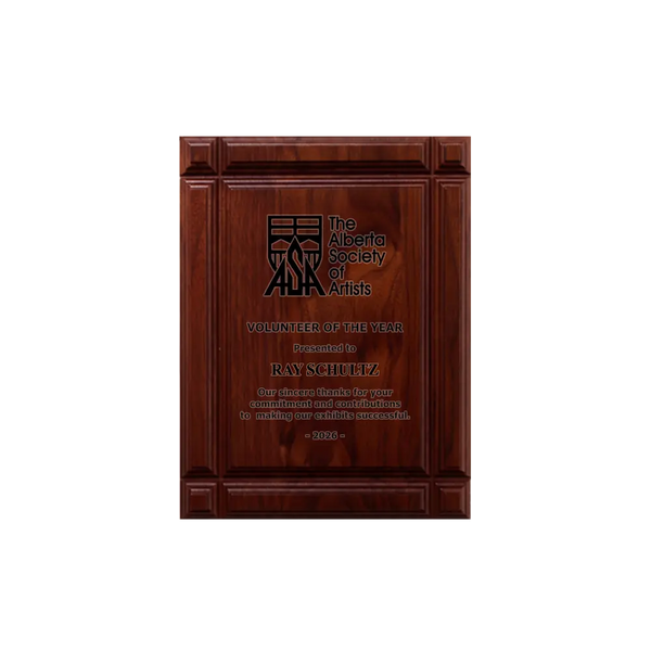 A photo of a solid wood Deep Groove Walnut plaque with full laser engraving.