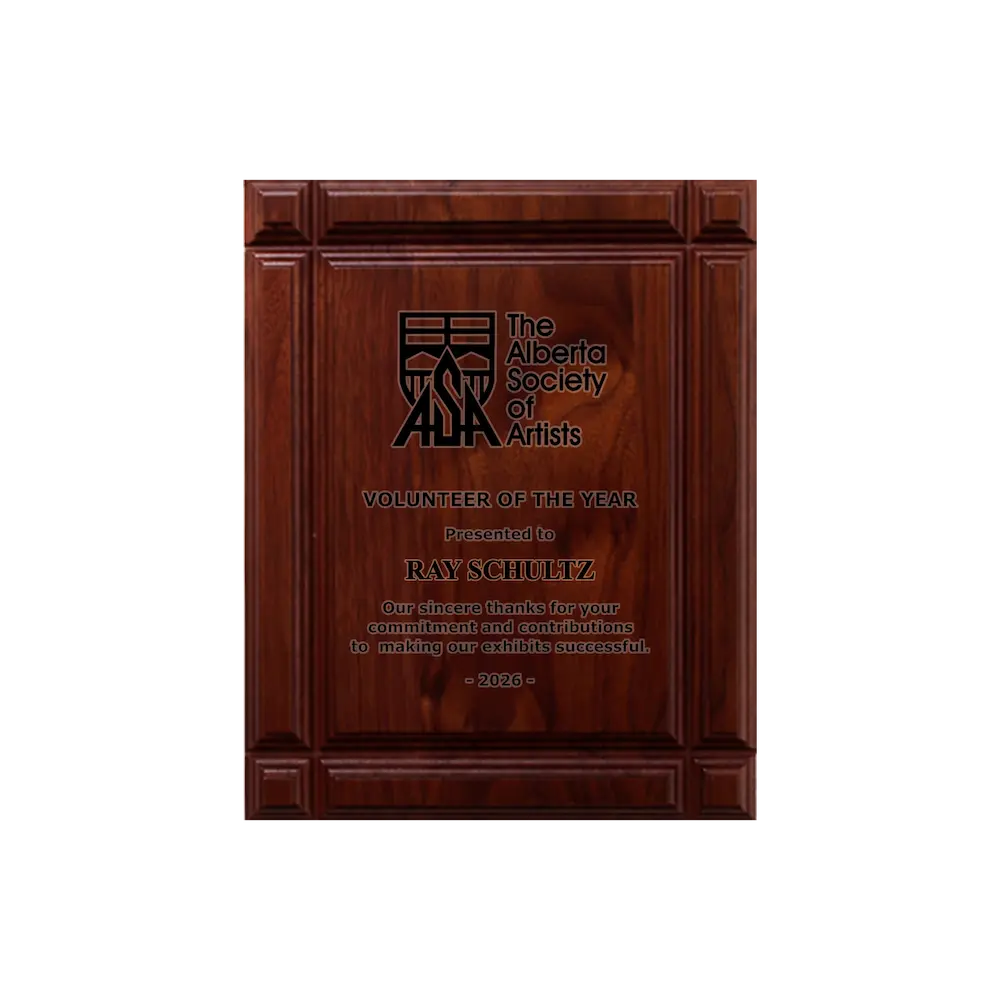 A photo of a solid wood Deep Groove Walnut plaque with a full-laser engraving.