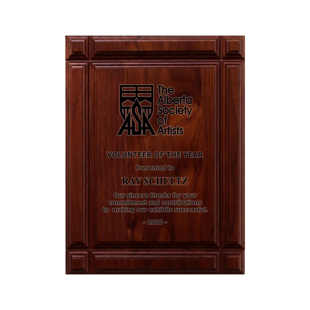 A photo of a solid wood Deep Groove Walnut plaque with a full-laser engraving.