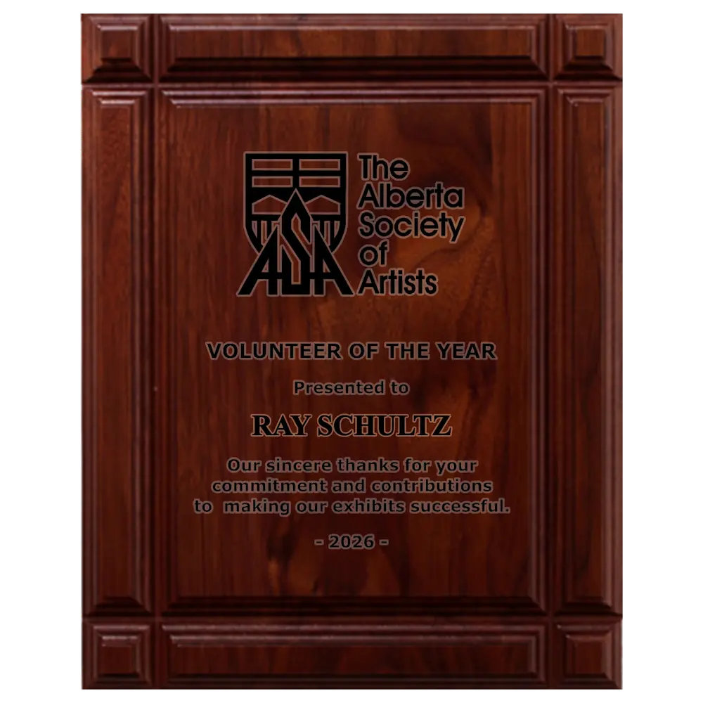 A photo of a solid wood Deep Groove Walnut plaque with a full-laser engraving.