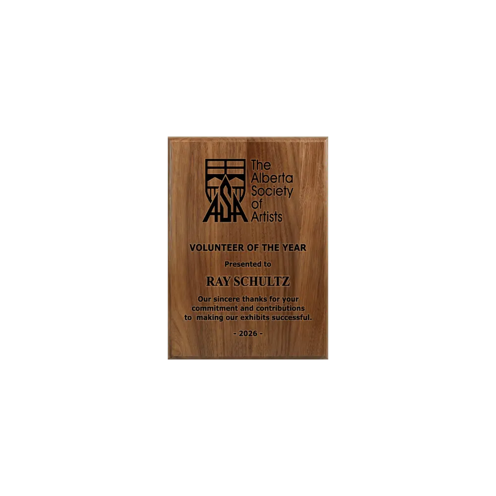 A photo of a solid wood traditional Walnut plaque with a full laser engraving. 