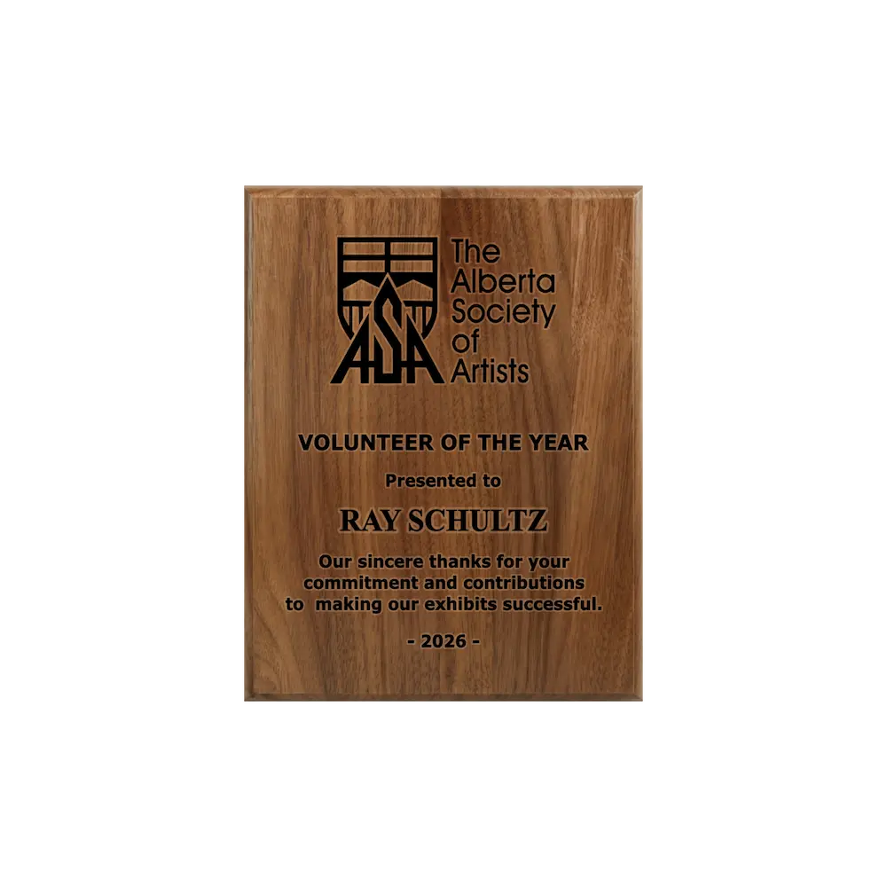 A photo of a solid wood traditional Walnut plaque with a full laser engraving. 