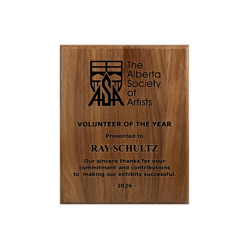 A photo of a solid wood traditional Walnut plaque with a full laser engraving. 