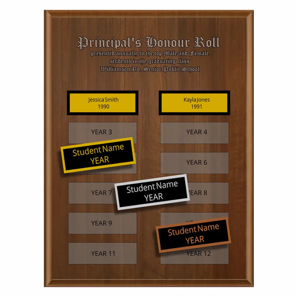 A photo of a multiplate Annual Walnut plaque with 12 name plates, and a laser-engraved header.