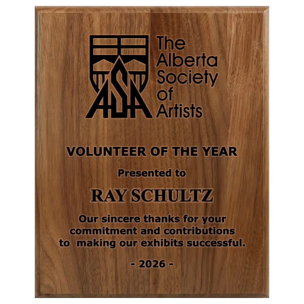 A photo of a solid wood traditional Walnut plaque with a full laser engraving. 