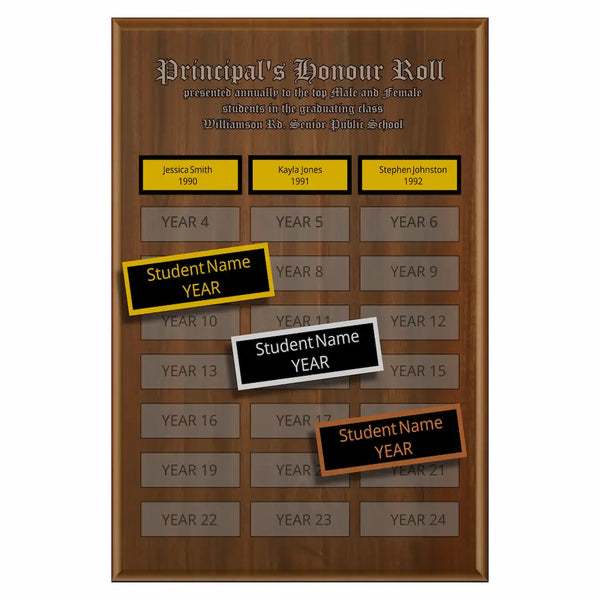 A photo of a multiplate Annual Walnut plaque with 24 name plates, and a laser-engraved header.
