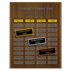 A photo of a multiplate Annual Walnut plaque with 40 name plates, and a laser-engraved header.