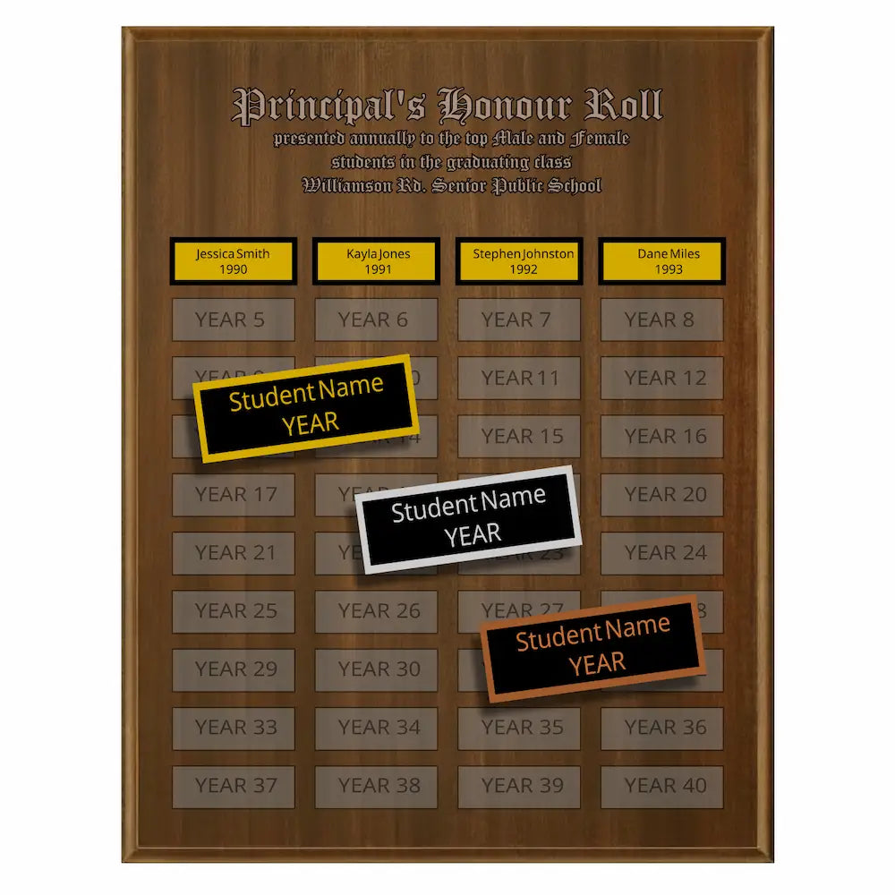A photo of a multiplate Annual Walnut plaque with 40 name plates, and a laser-engraved header.