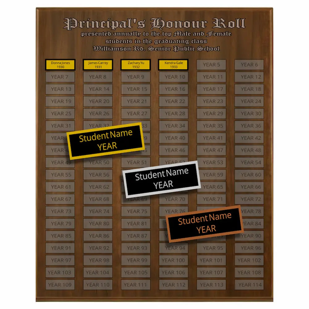 A photo of a multiplate Annual Walnut plaque with 114 name plates, and a laser-engraved header.