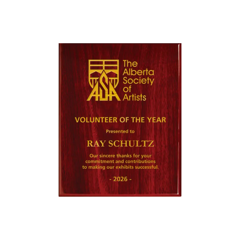 A photo of a Rosewood Piano Finish plaque with full laser engraved text and graphics, and colour fill.