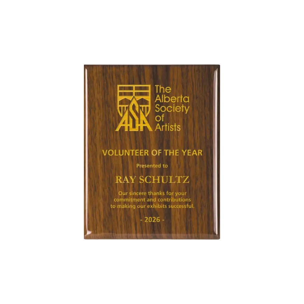 A photo of a Walnut Piano Finish plaque with full laser engraved text and graphics, and colour fill.