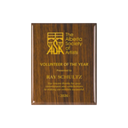 A photo of a Walnut Piano Finish plaque with full laser engraved text and graphics, and colour fill.