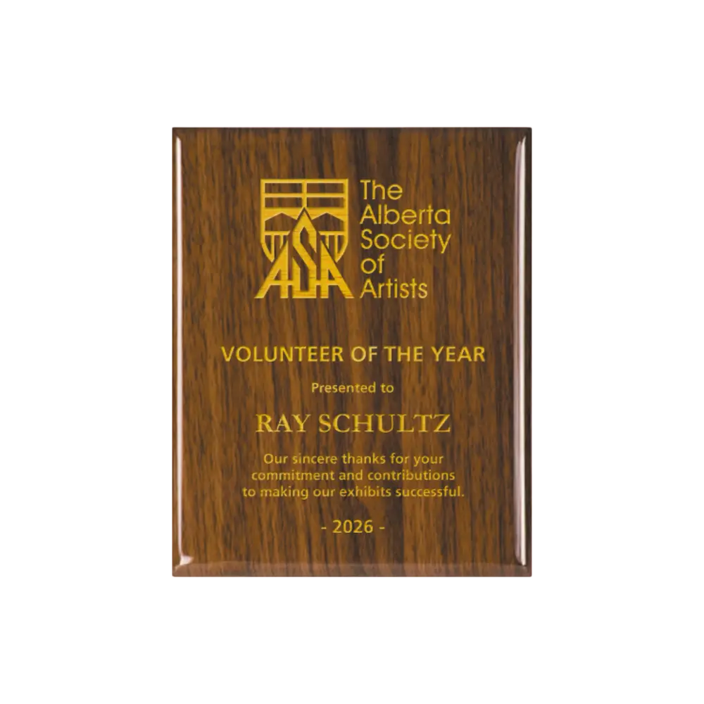 A photo of a Walnut Piano Finish plaque with full laser engraved text and graphics, and colour fill.