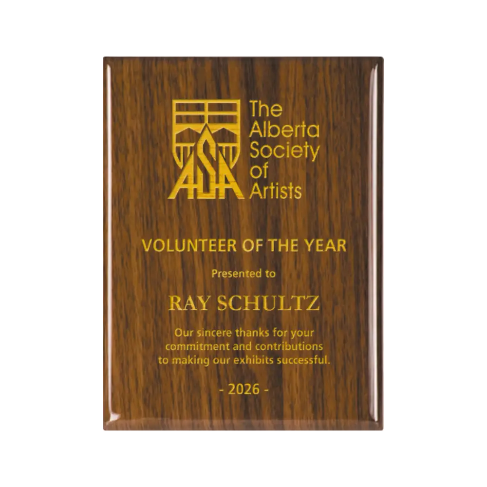 A photo of a Walnut Piano Finish plaque with full laser engraved text and graphics, and colour fill.