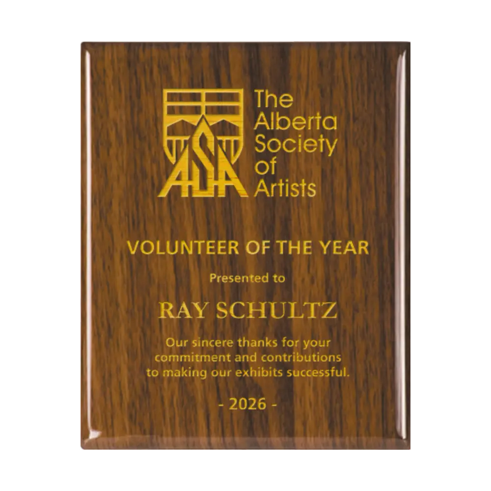 A photo of a Walnut Piano Finish plaque with full laser engraved text and graphics, and colour fill.
