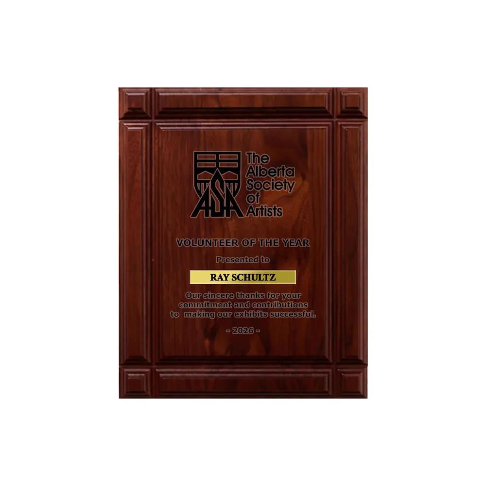 A photo of a solid wood Deep Groove Walnut plaque with a laser engrave text and graphics, and a traditional engraved name plate.