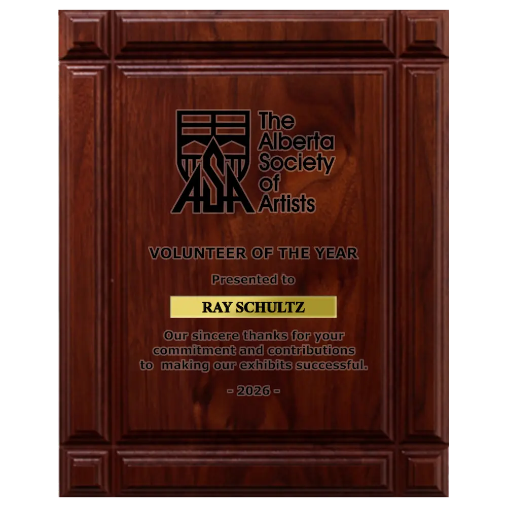 A photo of a solid wood Deep Groove Walnut plaque with a laser engrave text and graphics, and a traditional engraved plate.