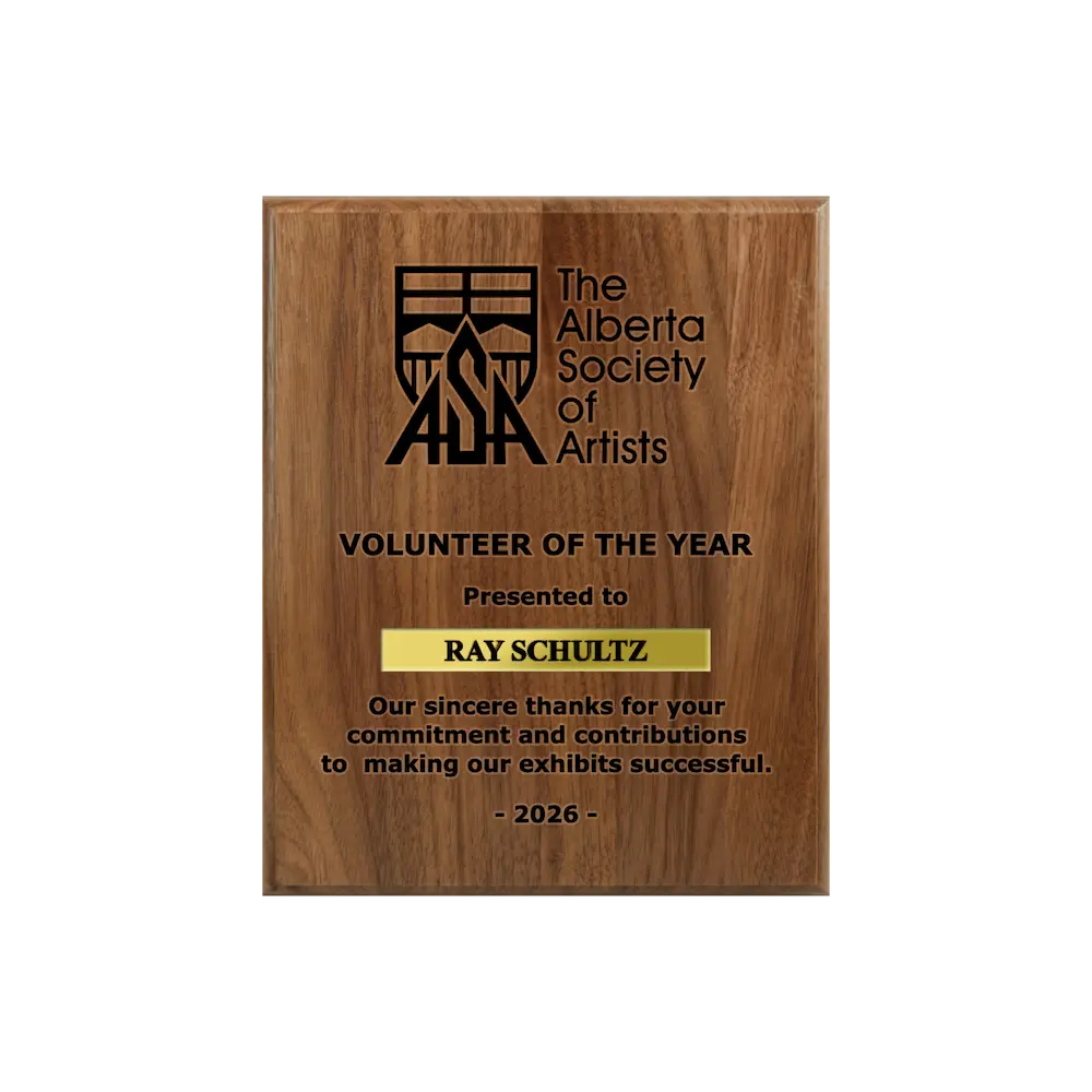 A photo of a solid wood traditional Walnut plaque with a laser engrave text and graphics, and a traditional engraved name plate.
