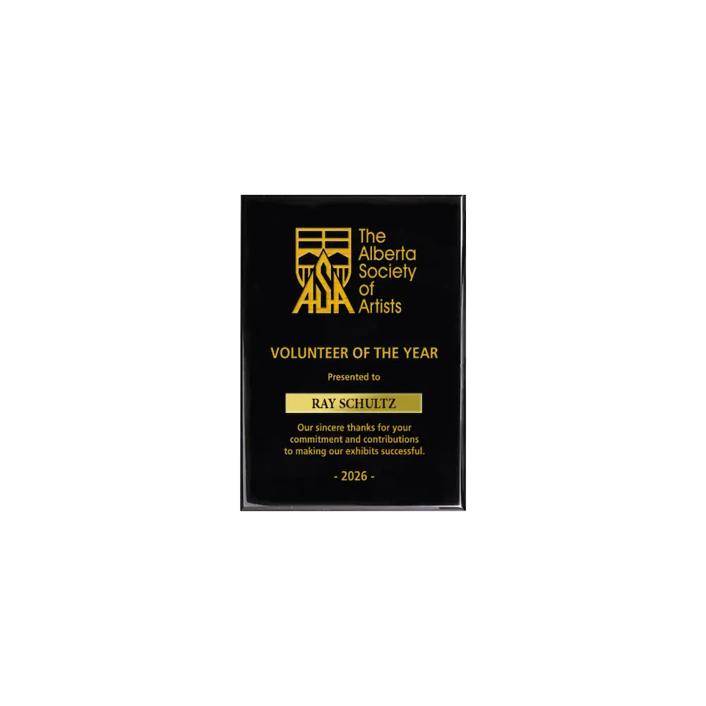 A photo of a Black Piano Finish plaque with a laser engrave text and graphics, and a traditional engraved name plate.