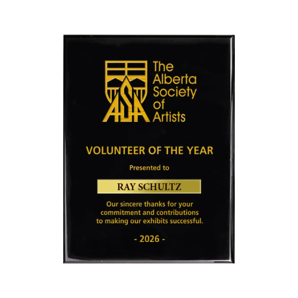 A photo of a Black Piano Finish plaque with a laser engrave text and graphics, and a traditional engraved name plate.