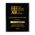 A photo of a Black Piano Finish plaque with a laser engrave text and graphics, and a traditional engraved name plate.