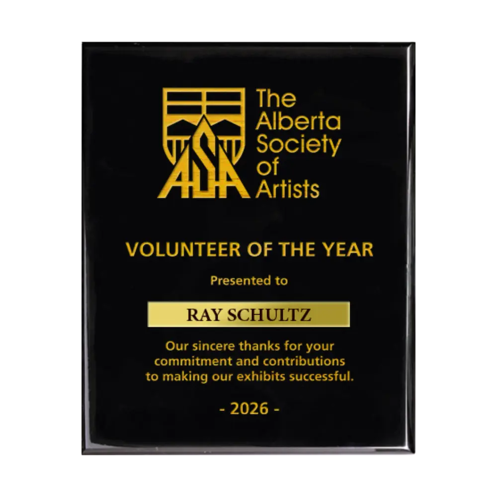 A photo of a Black Piano Finish plaque with a laser engrave text and graphics, and a traditional engraved name plate.
