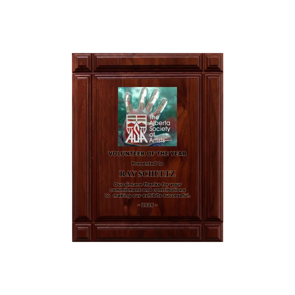 A photo of a solid wood Deep Groove Walnut plaque with a full-coloured plate on the top-half and laser engraving on the bottom-half.