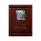 A photo of a solid wood Deep Groove Walnut plaque with a full-coloured plate on the top-half and laser engraving on the bottom-half.