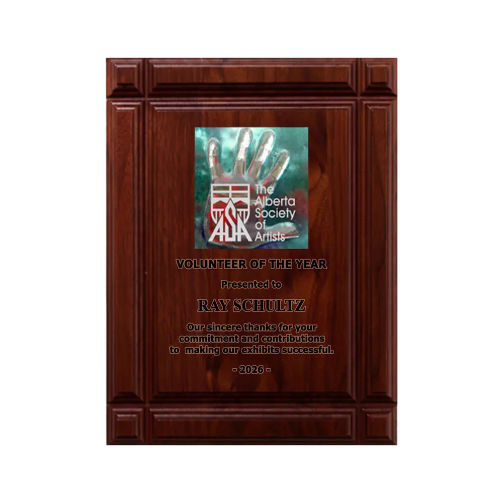 A photo of a solid wood Deep Groove Walnut plaque with a full-coloured plate on the top-half and laser engraving on the bottom-half.