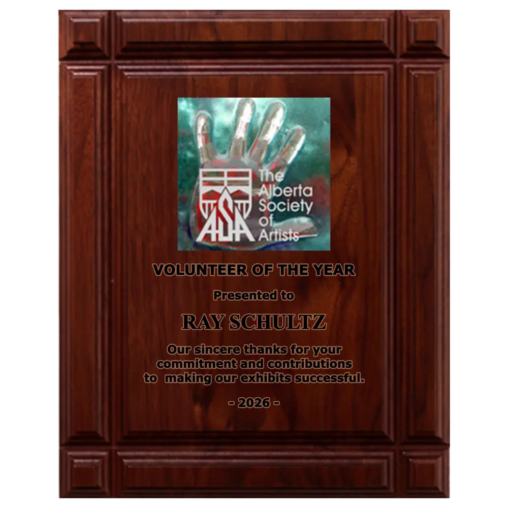 A photo of a solid wood Deep Groove Walnut plaque with a full-coloured plate on the top-half and laser engraving on the bottom-half.