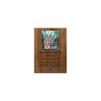 A photo of a solid wood traditional Walnut plaque with laser engraving on the bottom-half and full-colour plate on the top-half.