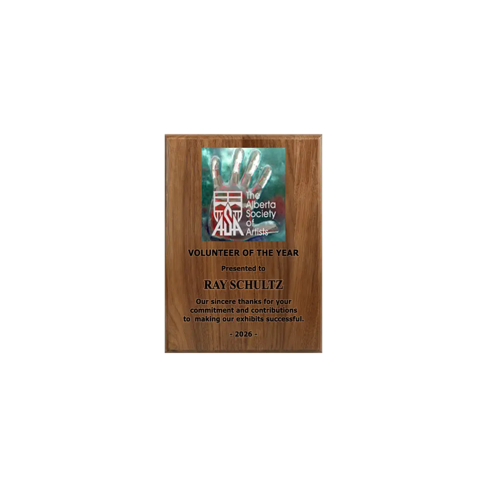 A photo of a solid wood traditional Walnut plaque with laser engraving on the bottom-half and full-colour plate on the top-half.