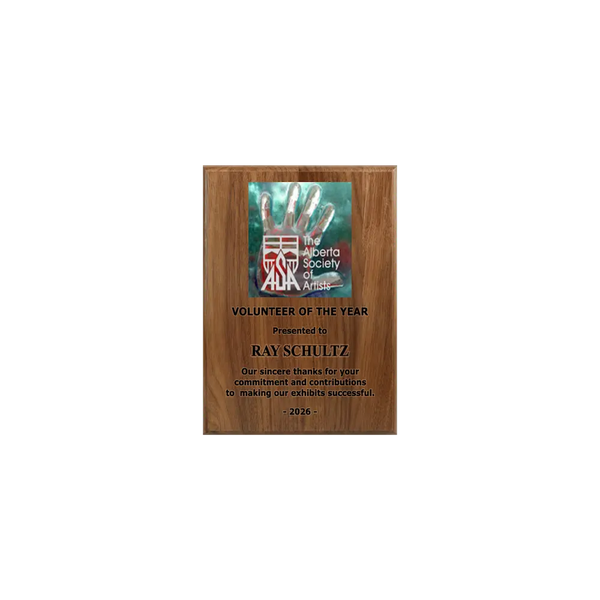 A photo of a solid wood traditional Walnut plaque with laser engraving on the bottom-half and full-colour plate on the top-half.