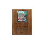 A photo of a solid wood traditional Walnut plaque with laser engraving on the bottom-half and full-colour plate on the top-half.