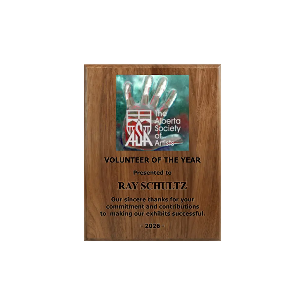 A photo of a solid wood traditional Walnut plaque with laser engraving on the bottom-half and full-colour plate on the top-half.