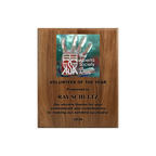 A photo of a solid wood traditional Walnut plaque with laser engraving on the bottom-half and full-colour plate on the top-half.
