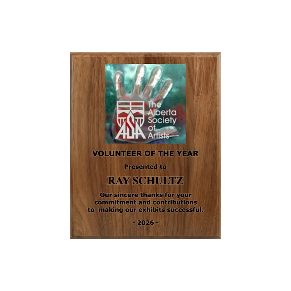 A photo of a solid wood traditional Walnut plaque with laser engraving on the bottom-half and full-colour plate on the top-half.
