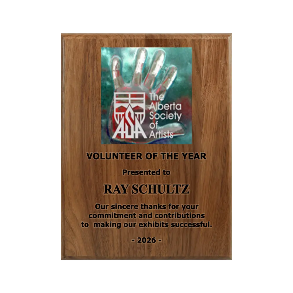 A photo of a solid wood traditional Walnut plaque with laser engraving on the bottom-half and full-colour plate on the top-half.