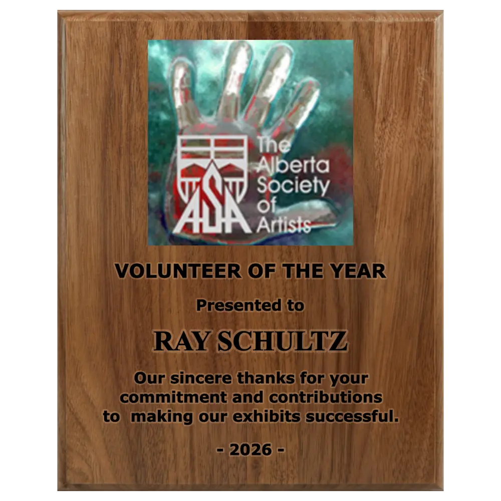 A photo of a solid wood traditional Walnut plaque with laser engraving on the bottom-half and full-colour plate on the top-half.