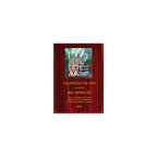 A photo of a Rosewood Piano Finish plaque with a full-coloured plate on the top-half and laser engraving on the bottom-half.