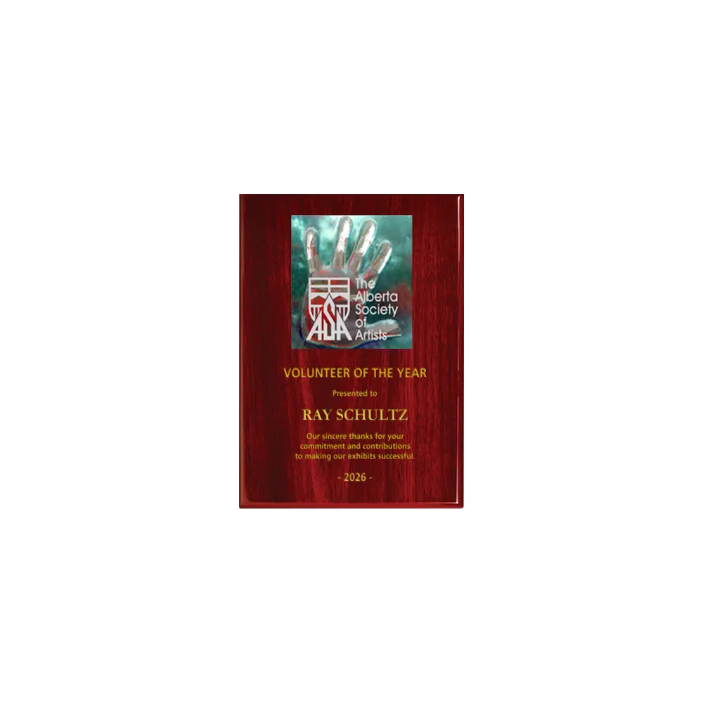 A photo of a Rosewood Piano Finish plaque with a full-coloured plate on the top-half and laser engraving on the bottom-half.