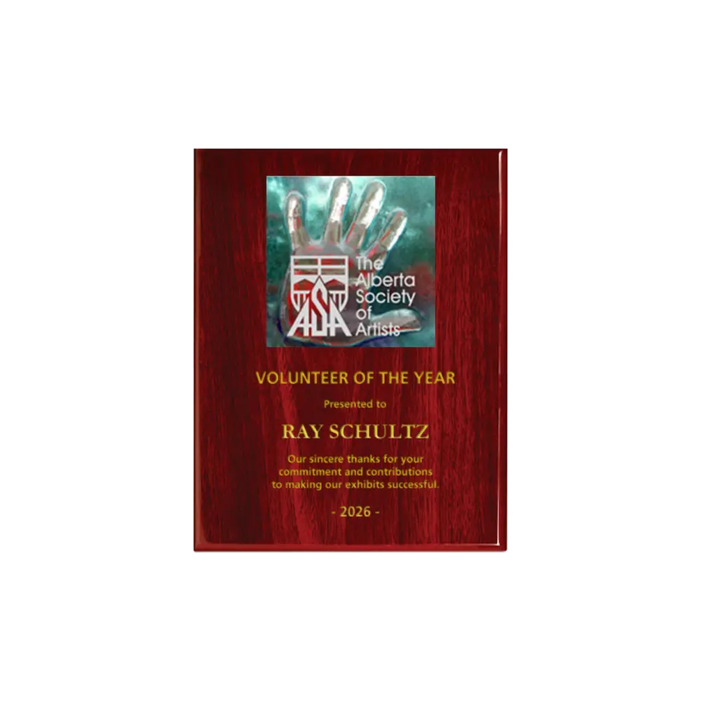 A photo of a Rosewood Piano Finish plaque with a full-coloured plate on the top-half and laser engraving on the bottom-half.