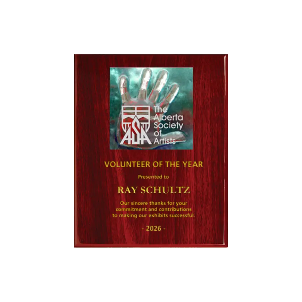 A photo of a Rosewood Piano Finish plaque with a full-coloured plate on the top-half and laser engraving on the bottom-half.