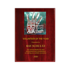 A photo of a Rosewood Piano Finish plaque with a full-coloured plate on the top-half and laser engraving on the bottom-half.
