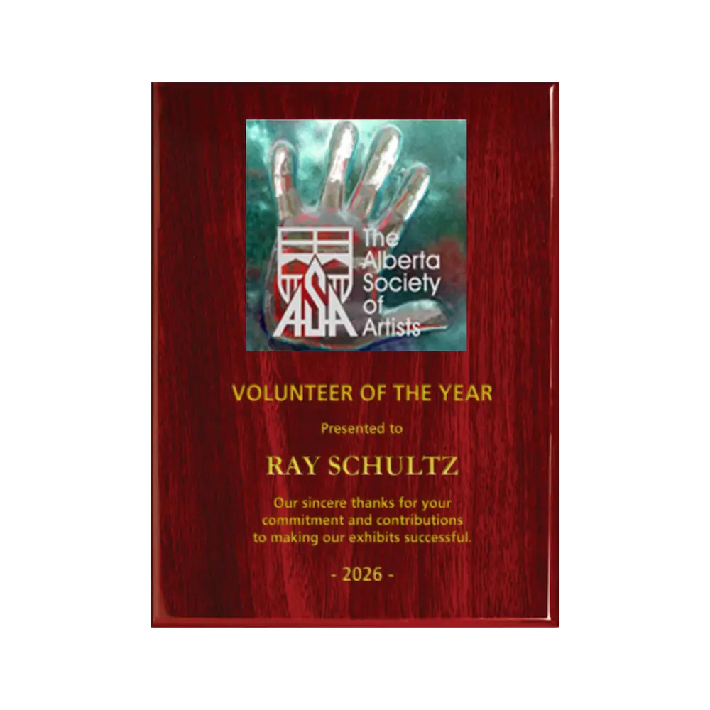 A photo of a Rosewood Piano Finish plaque with a full-coloured plate on the top-half and laser engraving on the bottom-half.