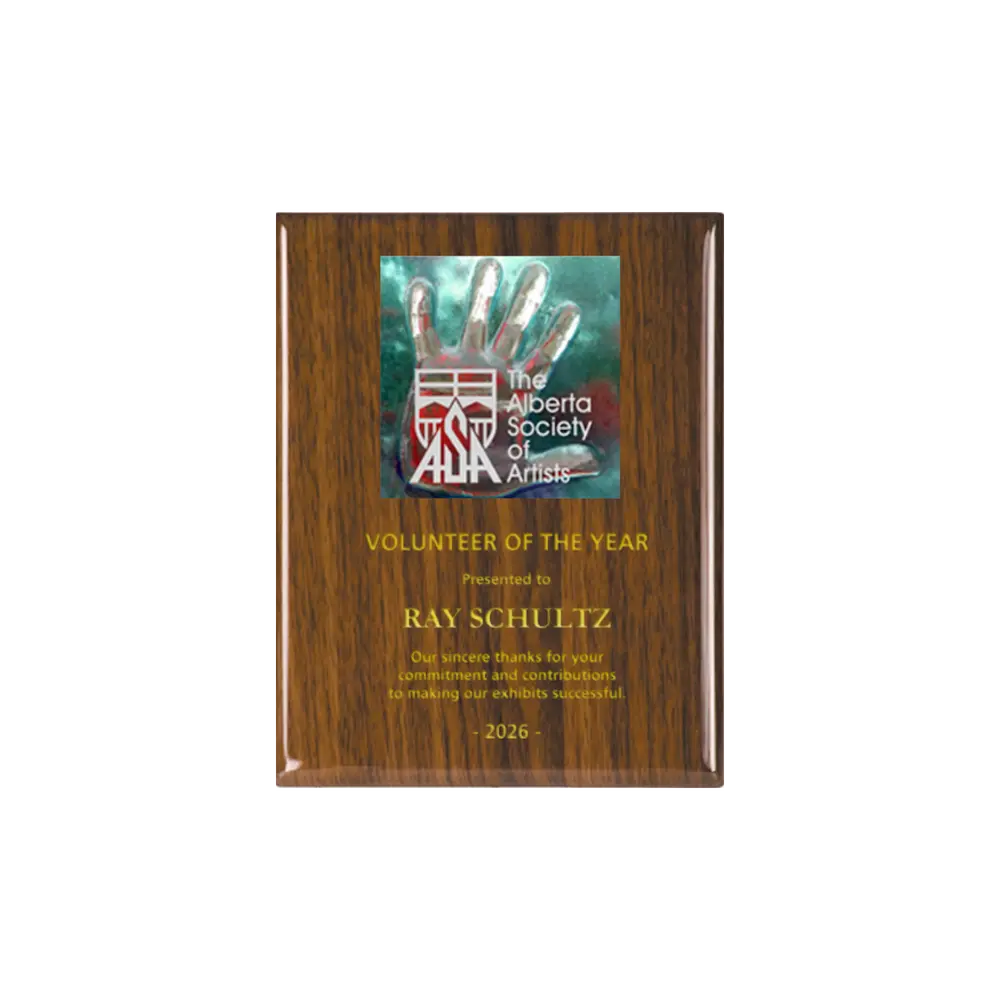 A photo of a Walnut Piano Finish plaque with a full-coloured plate on the top-half and laser engraving on the bottom-half.