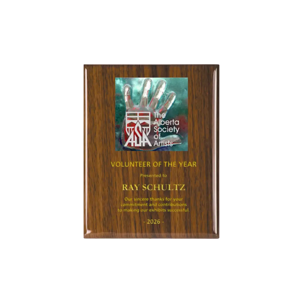 A photo of a Walnut Piano Finish plaque with a full-coloured plate on the top-half and laser engraving on the bottom-half.